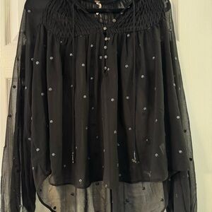 Free People Black Sheer Blouse with Embellishments